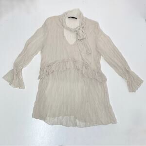 Zara Neck Tie Ruffle Long Sleeve Sheer Chiffon Mini Dress, Tunic V Neck Bone L